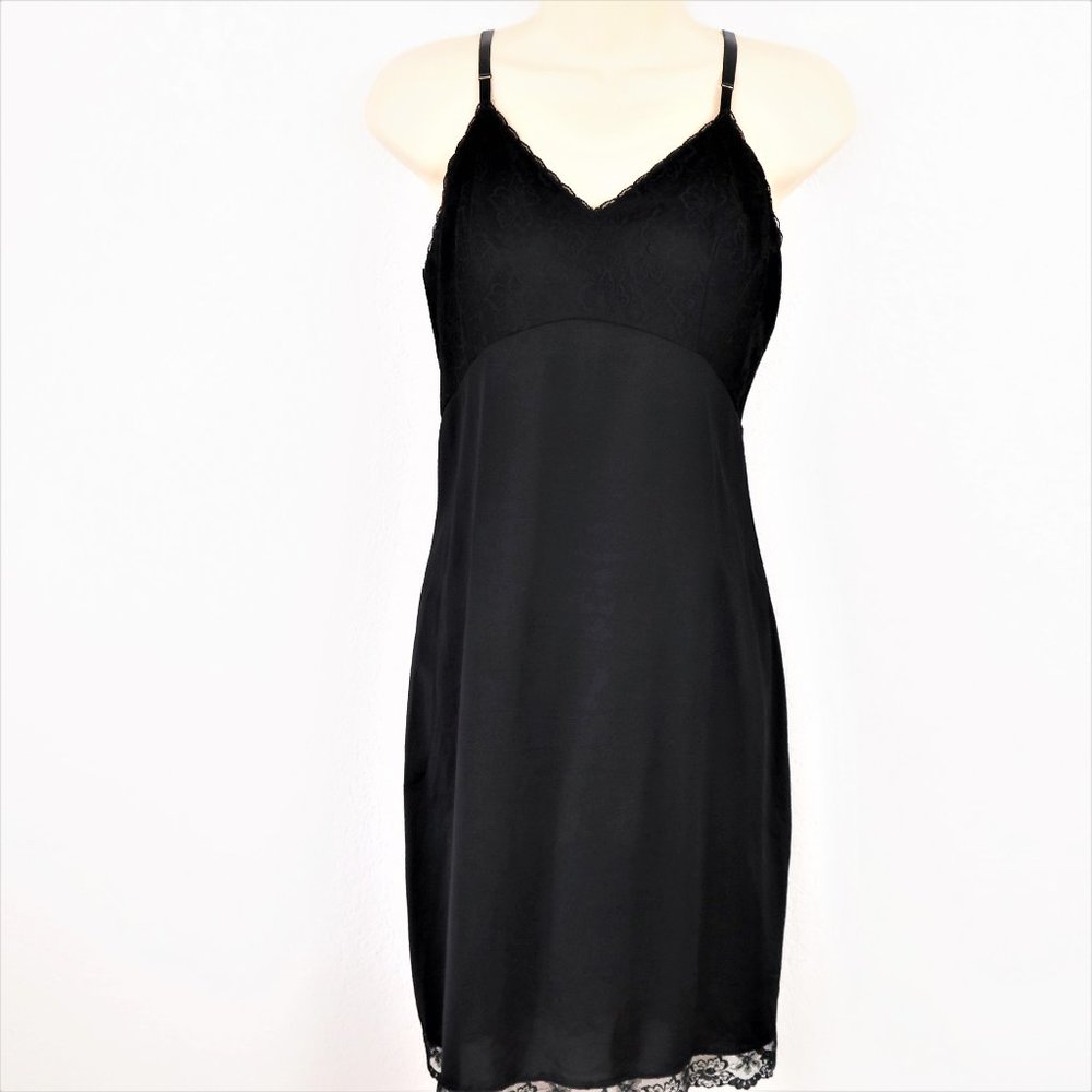 Lorraine Size 38 Black Full Slip Dress Chemise Lace Bodice Vintage